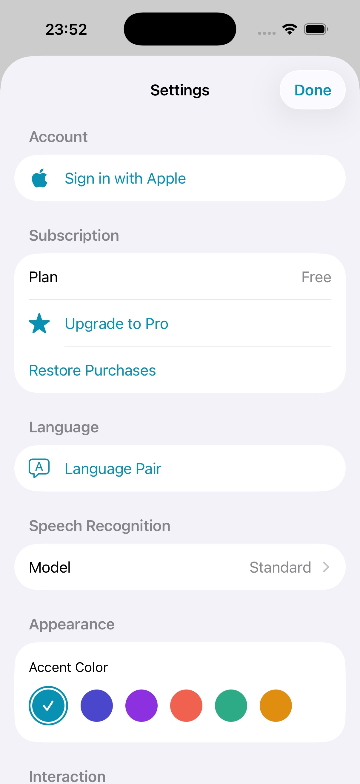 LingoDuet settings screen